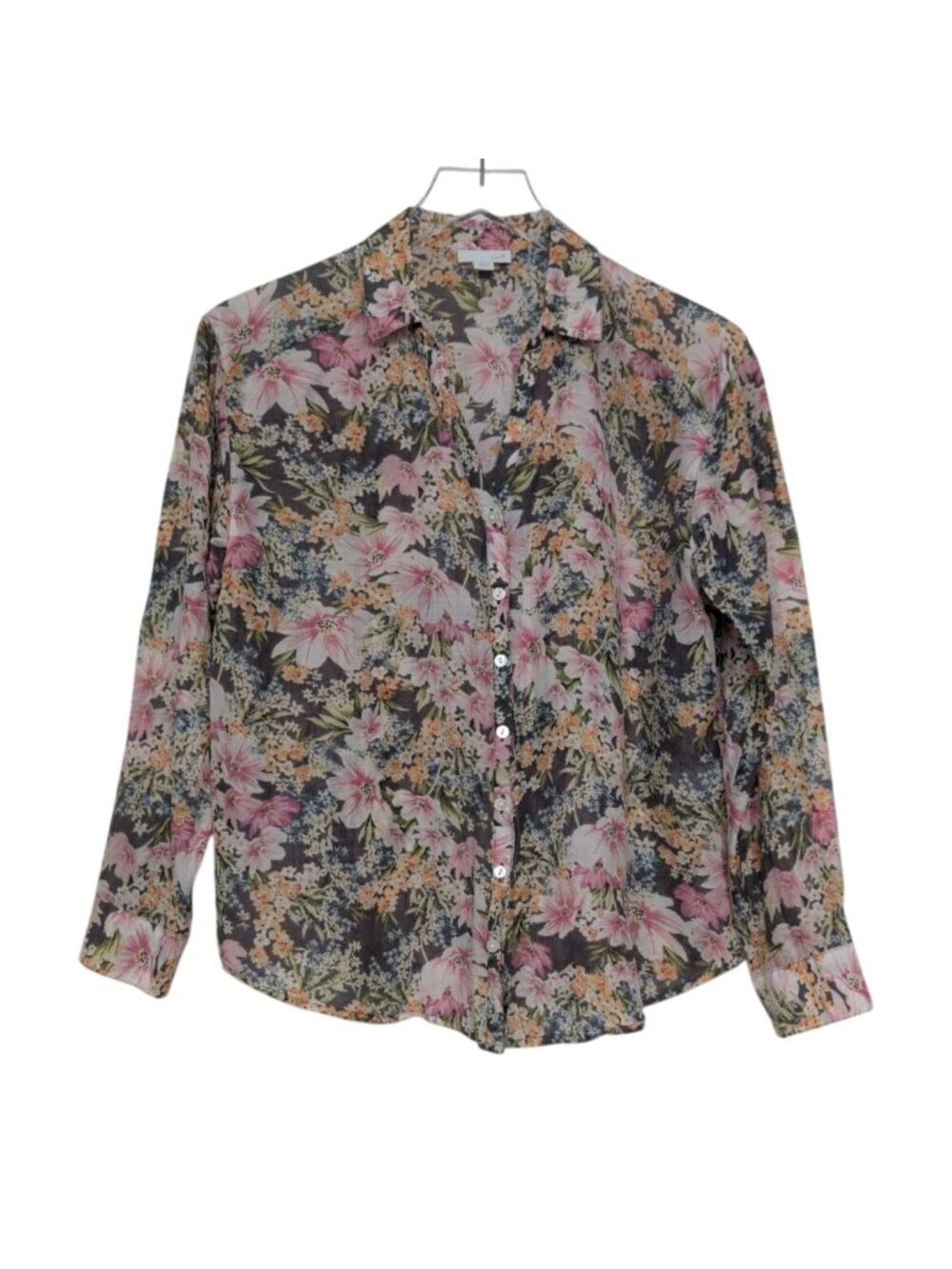 J Jill Floral Shirt Womens Petite Size Small Gray Cotton Silk V Neck Button Fron